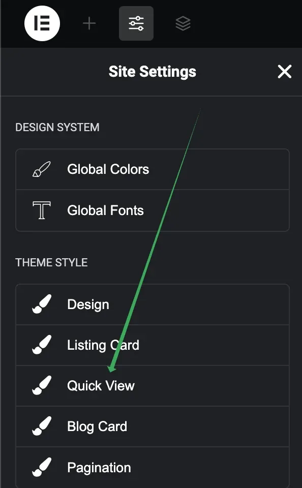 Elementor's Site Settings panel with an arrow pointing at the Quick View entry in the Theme Style list, below Design and Listing Card.