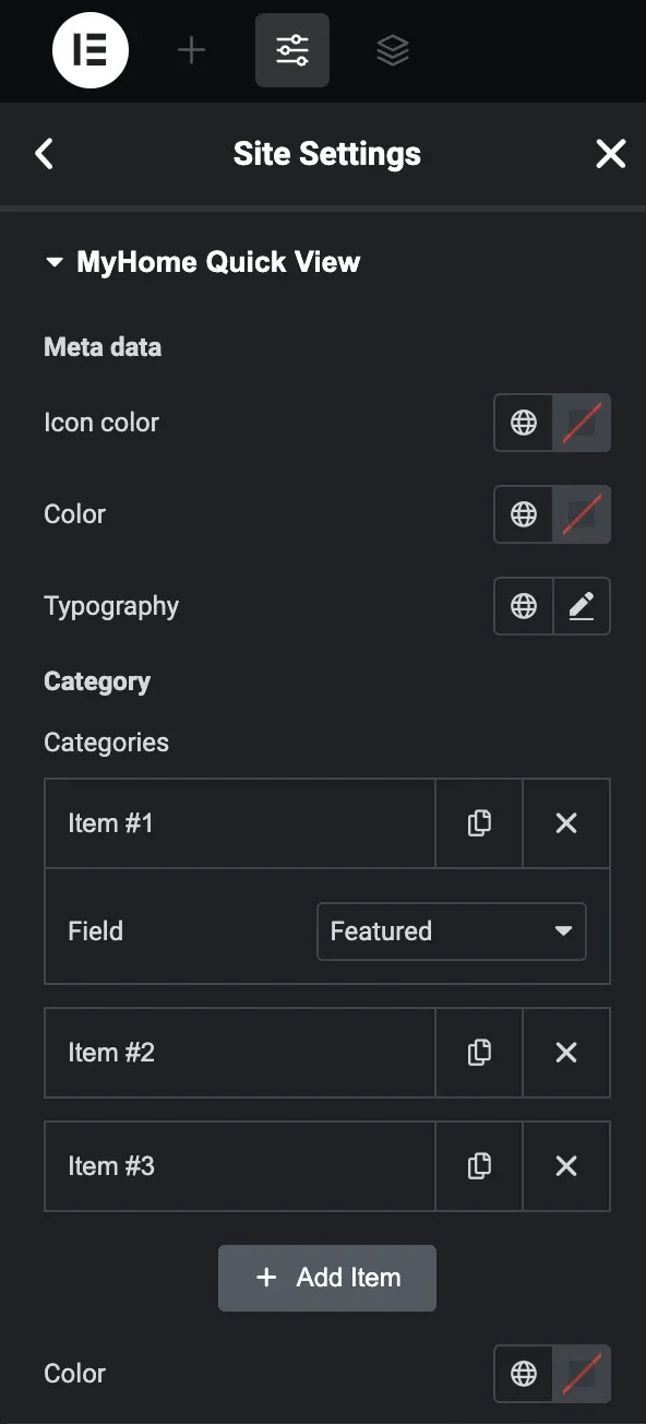 The MyHome Quick View settings in Elementor: icon colour, colour and typography for meta data, and a Categories repeater whose first item has its Field set to Featured, with an Add Item button.