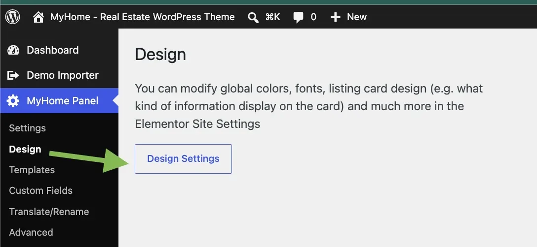 MyHome Panel Design screen explaining that global colours, fonts and listing card design are set in Elementor Site Settings, with the Design Settings button pointed out.
