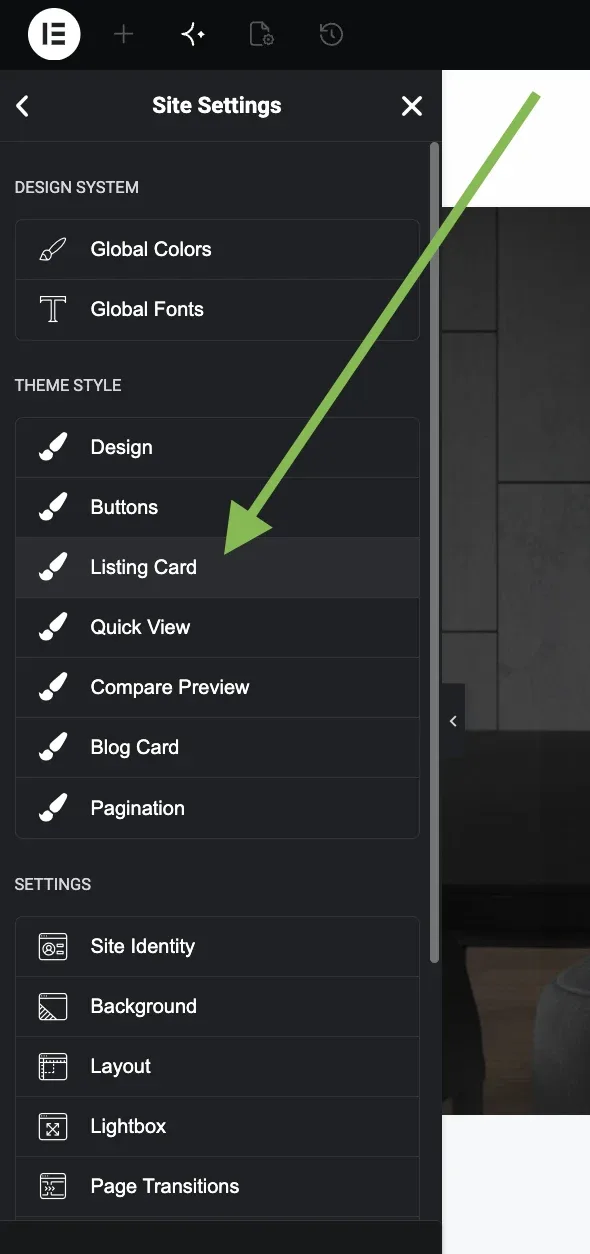 Elementor's Site Settings panel with an arrow pointing at Listing Card in the Theme Style list, between Buttons and Quick View.