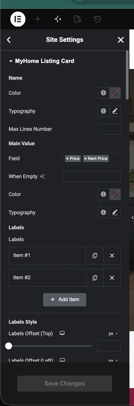 The MyHome Listing Card settings: name colour, typography and max lines, a Main Value field holding Price and Rent Price, a Labels repeater with two items, and label offset sliders above Save Changes.