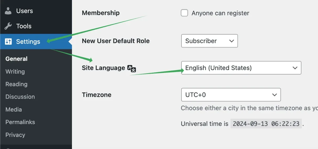 WordPress Settings > General screen, with arrows leading from Settings in the sidebar to the Site Language dropdown, which is set to English (United States).