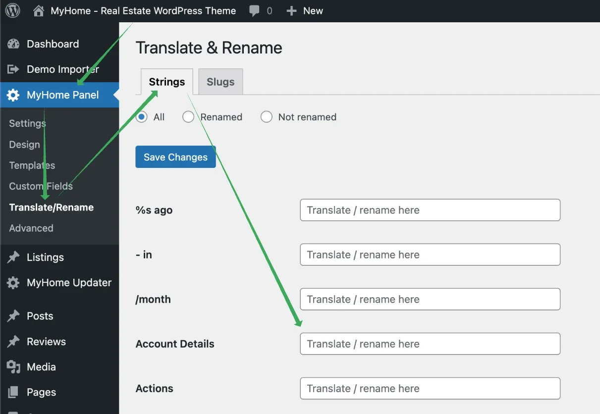 The Strings tab of MyHome Panel > Translate/Rename, listing text strings such as "%s ago", "/month" and "Account Details", each with an empty "Translate / rename here" field beside it.