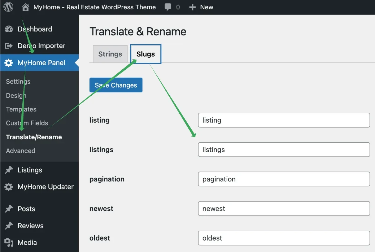 The Slugs tab of Translate/Rename, with editable fields for the listing, listings, pagination, newest and oldest slugs.