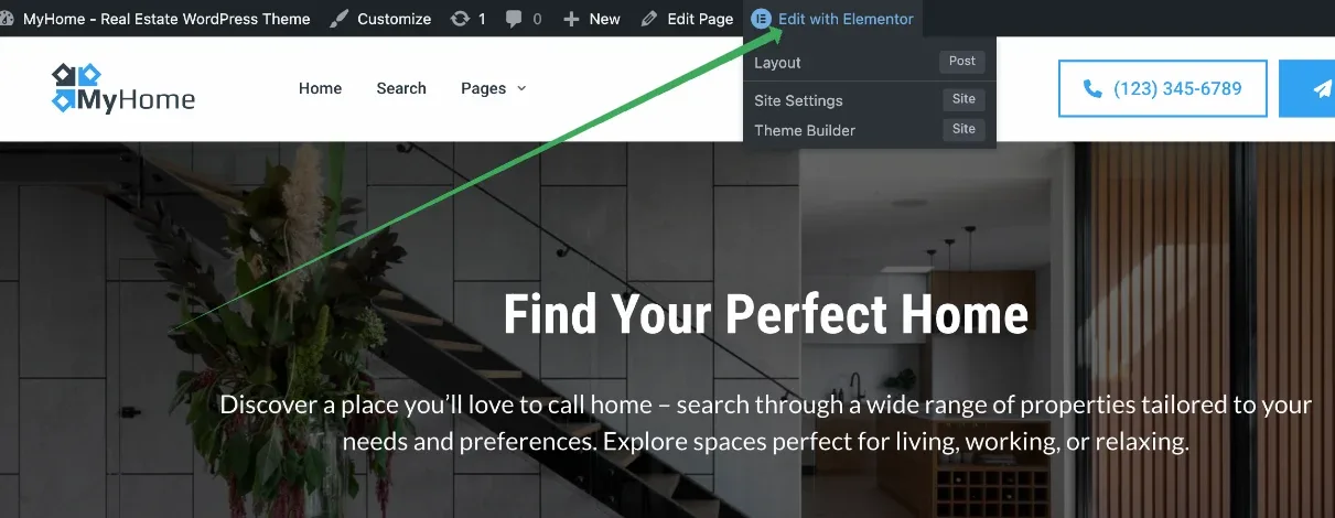 The MyHome homepage viewed while logged in, with an arrow pointing to the Edit with Elementor button in the WordPress admin bar and its Layout, Site Settings and Theme Builder menu open.