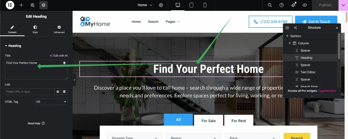 The Elementor editor with the Edit Heading panel open on the left; its Title field holds "Find Your Perfect Home", the same text shown on the page preview beside it.