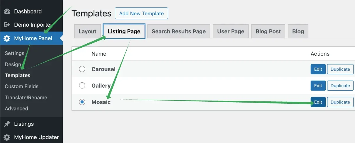 The Listing Page tab of MyHome Panel > Templates, listing the Carousel, Gallery and Mosaic templates, with Mosaic selected and Edit and Duplicate buttons on the right.