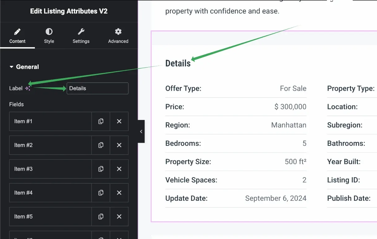 The Elementor Edit Listing Attributes V2 panel with its Label field set to "Details", matching the Details heading above the attribute table in the preview.