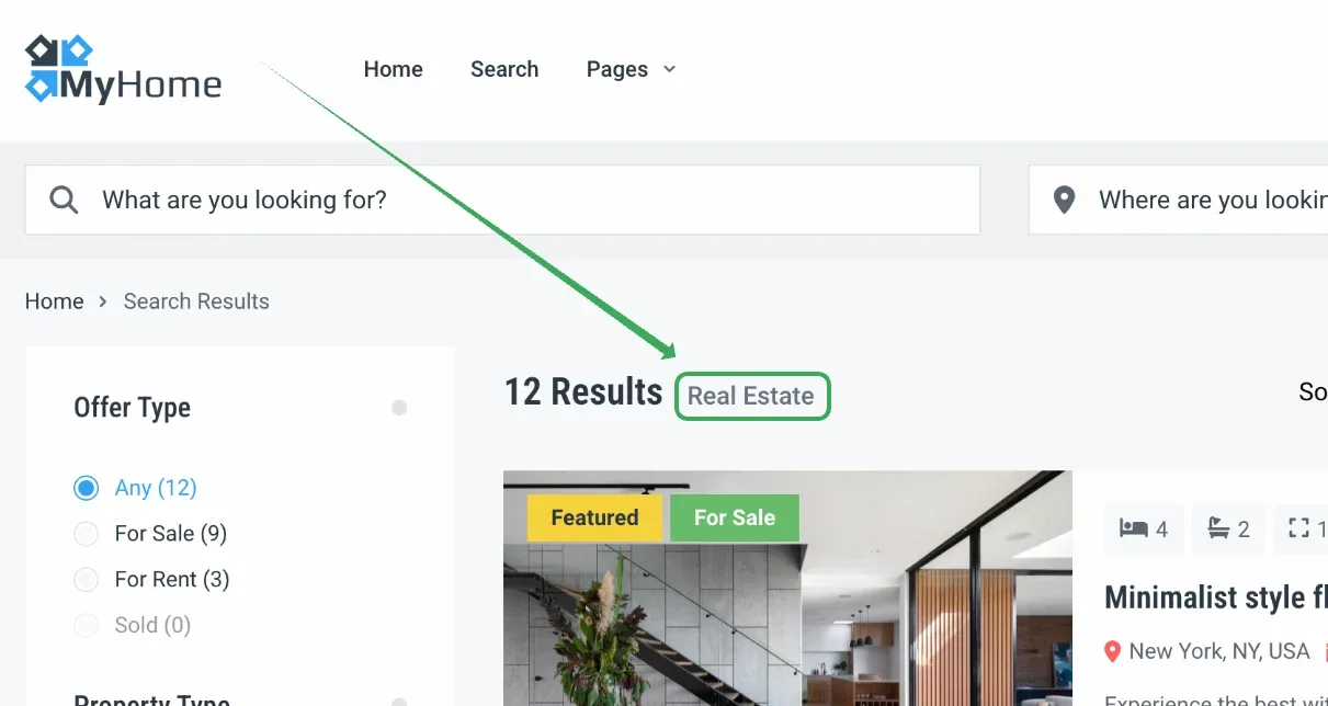 A MyHome search results page reading "12 Results" with the heading "Real Estate" highlighted next to it, and the Offer Type filters in the sidebar.