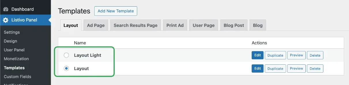 Listivo Panel Templates screen on the Layout tab, listing two layouts: Layout Light and Layout.