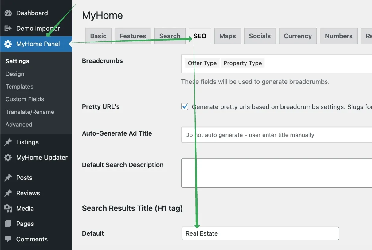 The SEO tab of the MyHome Panel settings, showing Breadcrumbs, Pretty URL's and Auto-Generate Ad Title options, with the Search Results Title (H1 tag) Default field set to "Real Estate".
