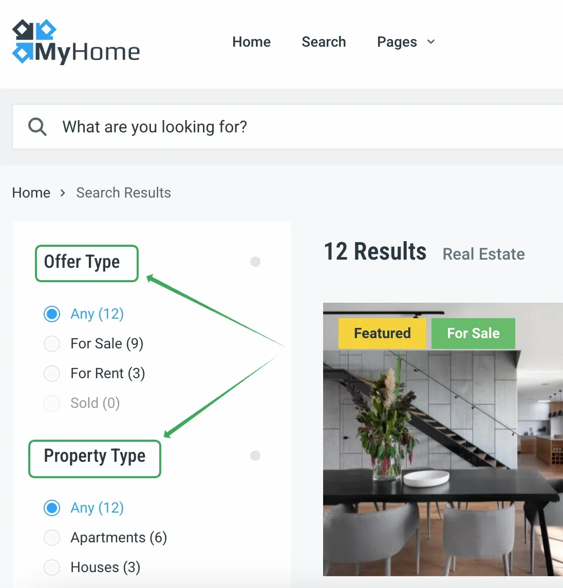 The search results page of a MyHome site, with the Offer Type and Property Type headings in the filter sidebar outlined in green, above their Any, For Sale, For Rent, Apartments and Houses options.
