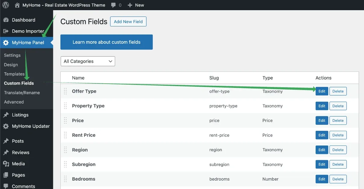 The Custom Fields screen in MyHome Panel, listing Offer Type, Property Type, Price, Rent Price, Region, Subregion and Bedrooms with their slugs and types, and an arrow pointing at the Edit button next to Offer Type.