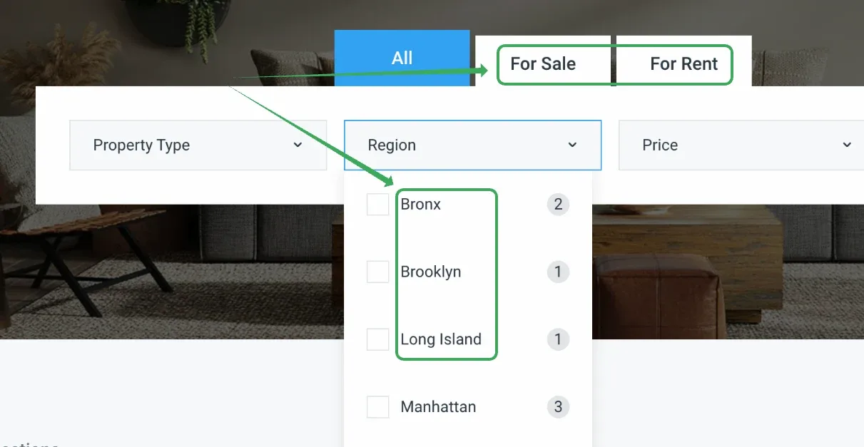 A MyHome search form with the All, For Sale and For Rent tabs at the top and the Region dropdown open below, showing the Bronx, Brooklyn, Long Island and Manhattan terms with their result counts.