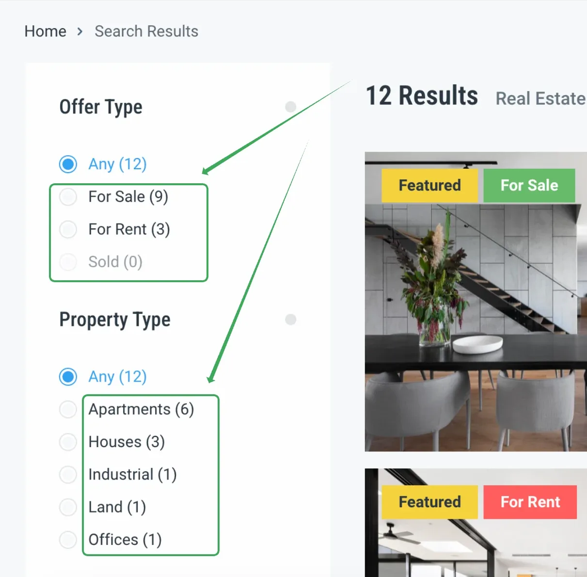 The filter sidebar on a search results page, with the Offer Type options (For Sale, For Rent, Sold) and the Property Type options (Apartments, Houses, Industrial, Land, Offices) outlined in green.