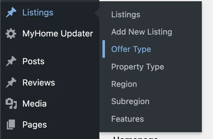 The Listings entry in the WordPress admin menu with its submenu open: Listings, Add New Listing, Offer Type, Property Type, Region, Subregion and Features.