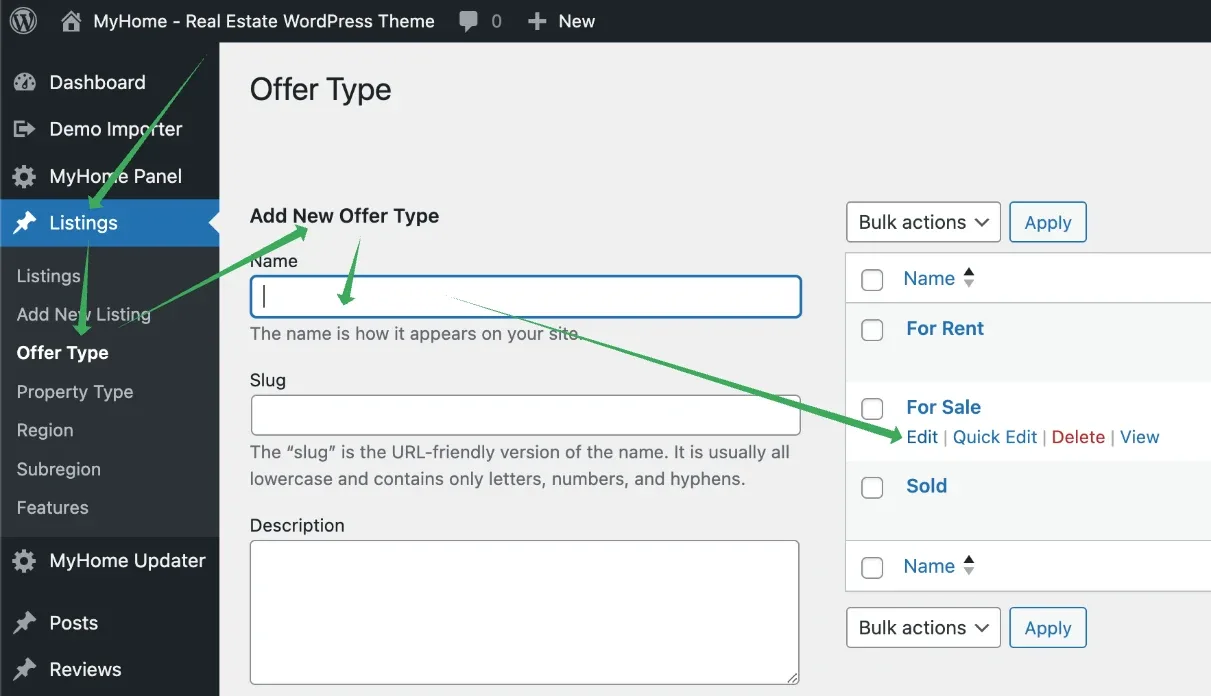The Offer Type taxonomy screen: the Add New Offer Type form with Name, Slug and Description on the left, and the existing terms For Rent, For Sale and Sold on the right, with the Edit link under For Sale highlighted.