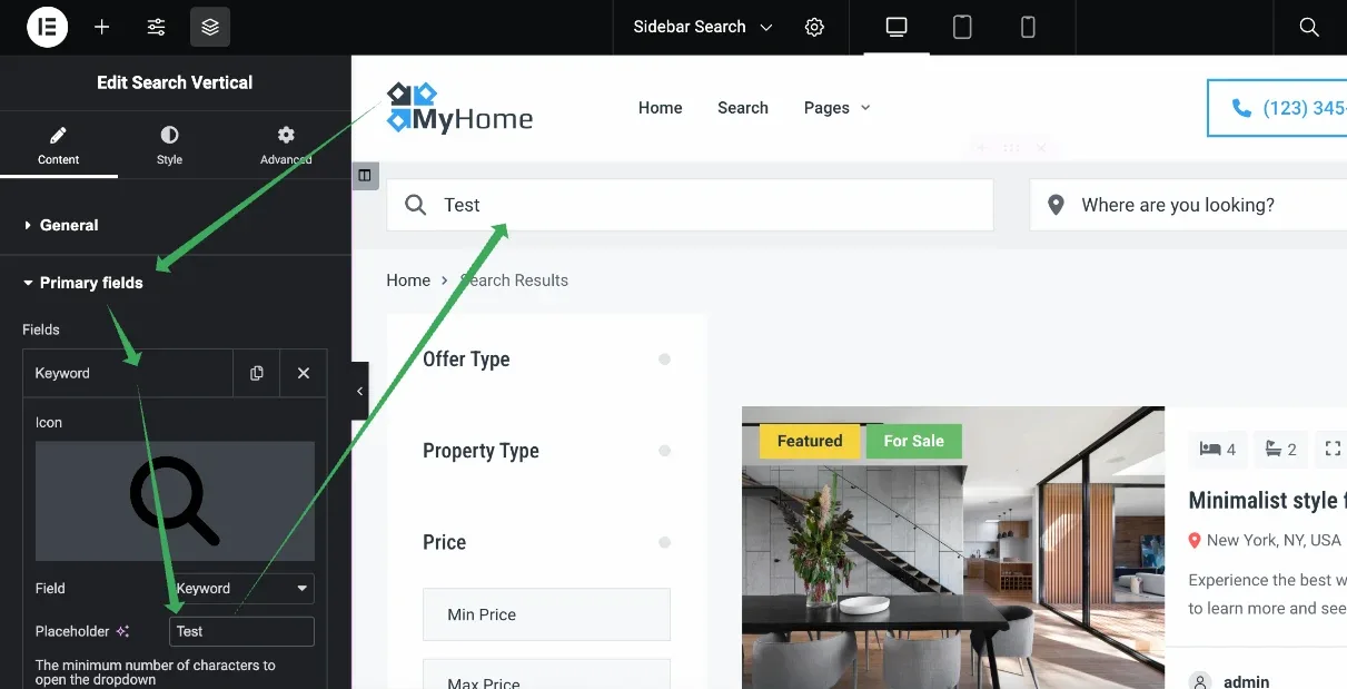 The Elementor Edit Search Vertical panel with the Keyword field selected under Primary fields and its Placeholder set to "Test", which appears in the search bar of the preview beside it.