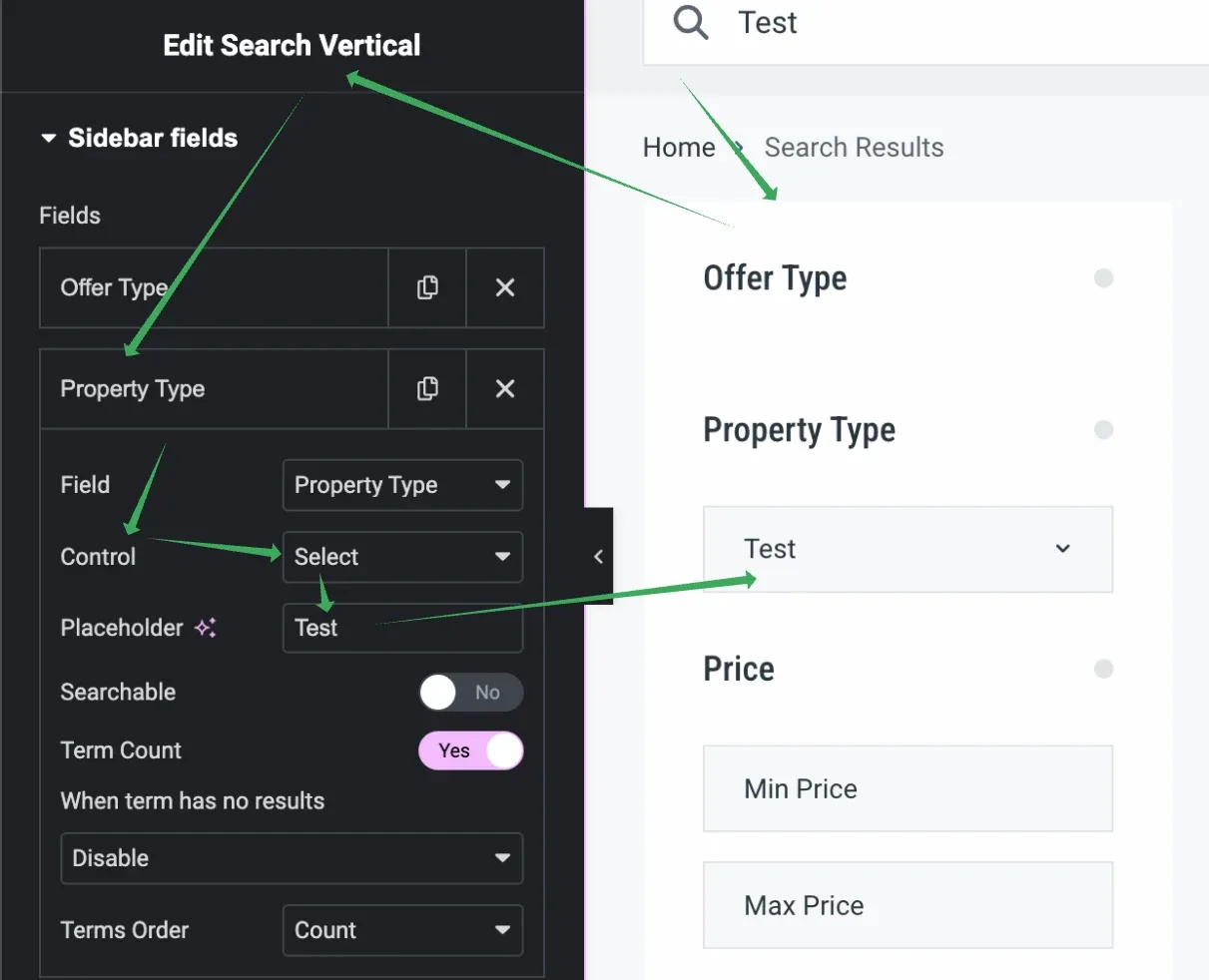 The Sidebar fields section of the Edit Search Vertical panel: the Property Type field is set to Control: Select with the Placeholder "Test", and the Property Type dropdown in the preview shows "Test".