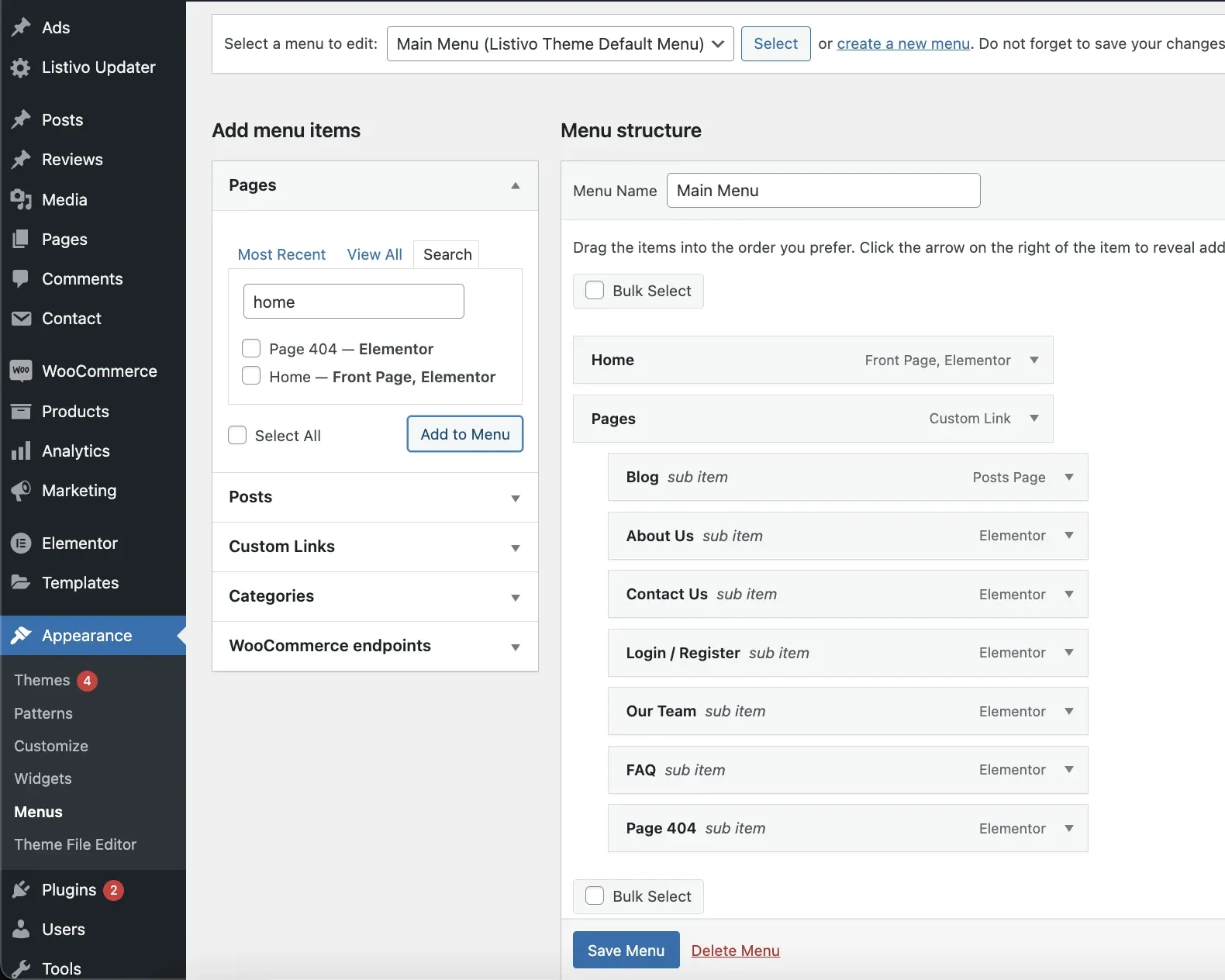 WordPress Appearance > Menus screen editing Main Menu, with the menu structure listing Home, Pages, Blog, About Us, Contact Us, Login / Register, Our Team, FAQ and Page 404.