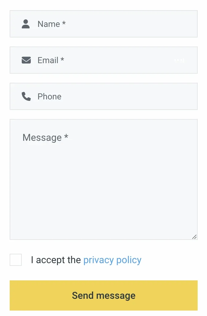 A contact form on the front end with Name, Email, Phone and Message fields, an "I accept the privacy policy" checkbox and a yellow Send message button.