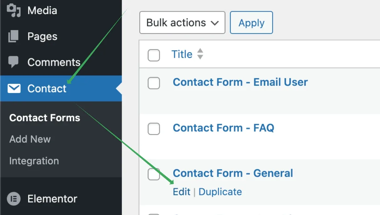The Contact Forms list in wp-admin, with an arrow from the Contact menu to the Edit link under "Contact Form - General", listed together with Contact Form - Email User and Contact Form - FAQ.