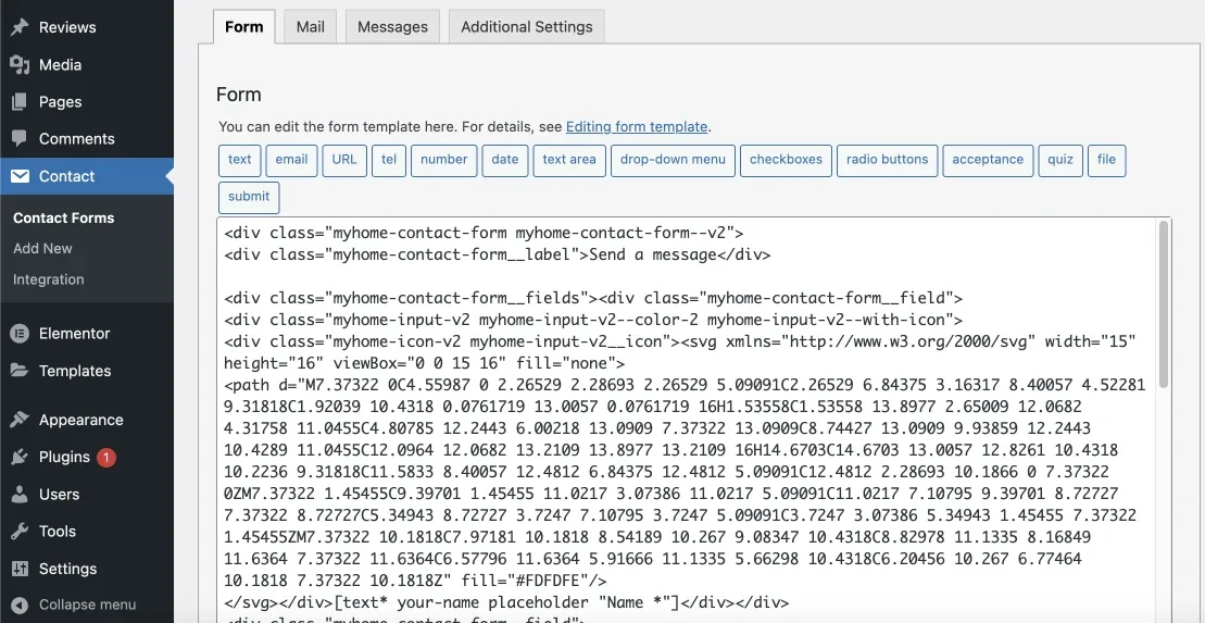 The Contact Form 7 editor on the Form tab, showing the MyHome form template built from HTML with myhome-contact-form classes, inline SVG icons and Contact Form 7 field tags.