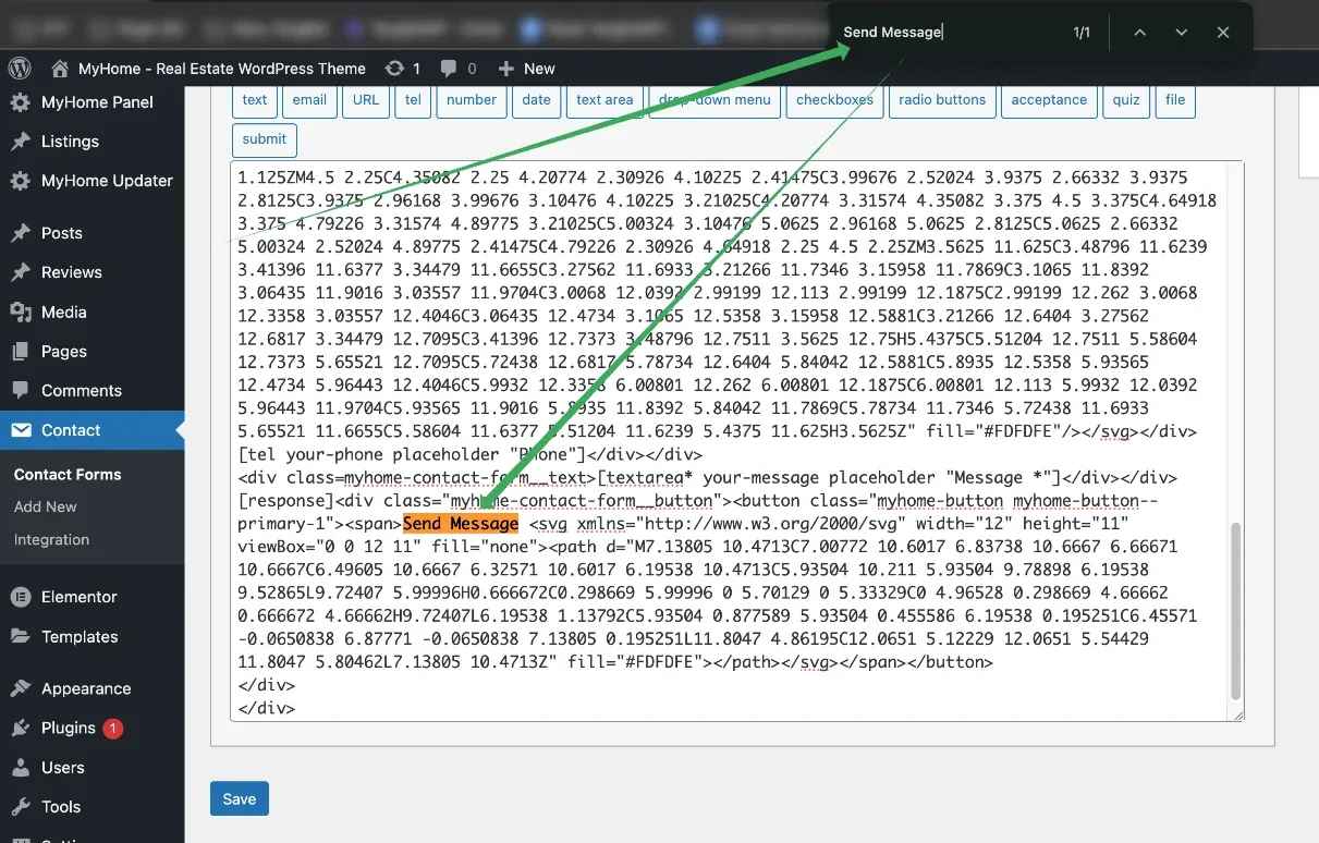 The form template with the browser find bar open on "Send Message", and the matching text highlighted inside the submit button markup.