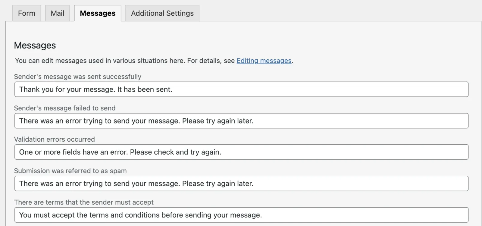The Messages tab, listing editable texts such as "Thank you for your message. It has been sent." alongside the sending failure, validation and spam messages.
