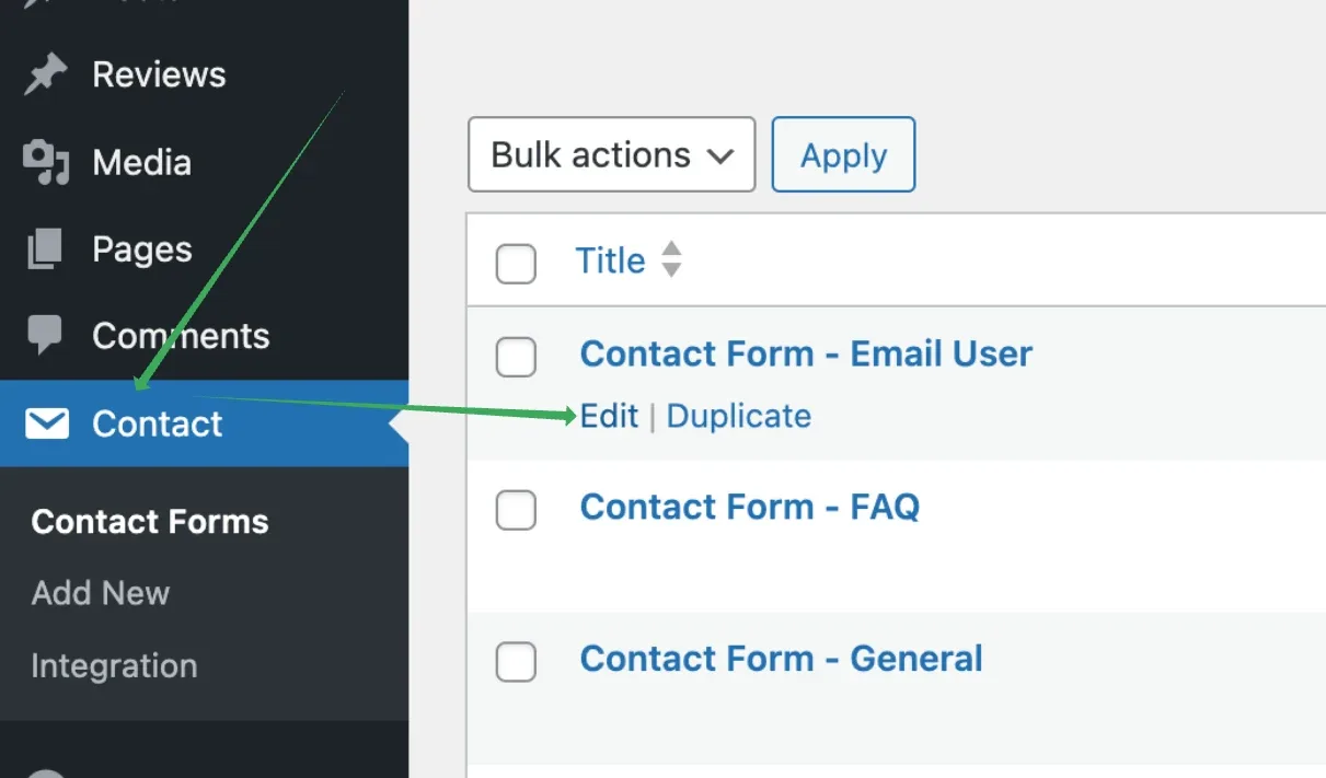 The Contact Forms list with an arrow pointing at the Edit link under "Contact Form - Email User", above Contact Form - FAQ and Contact Form - General.