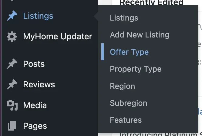The WordPress admin sidebar with the Listings menu expanded, showing Listings, Add New Listing, Offer Type, Property Type, Region, Subregion and Features, with Offer Type highlighted.