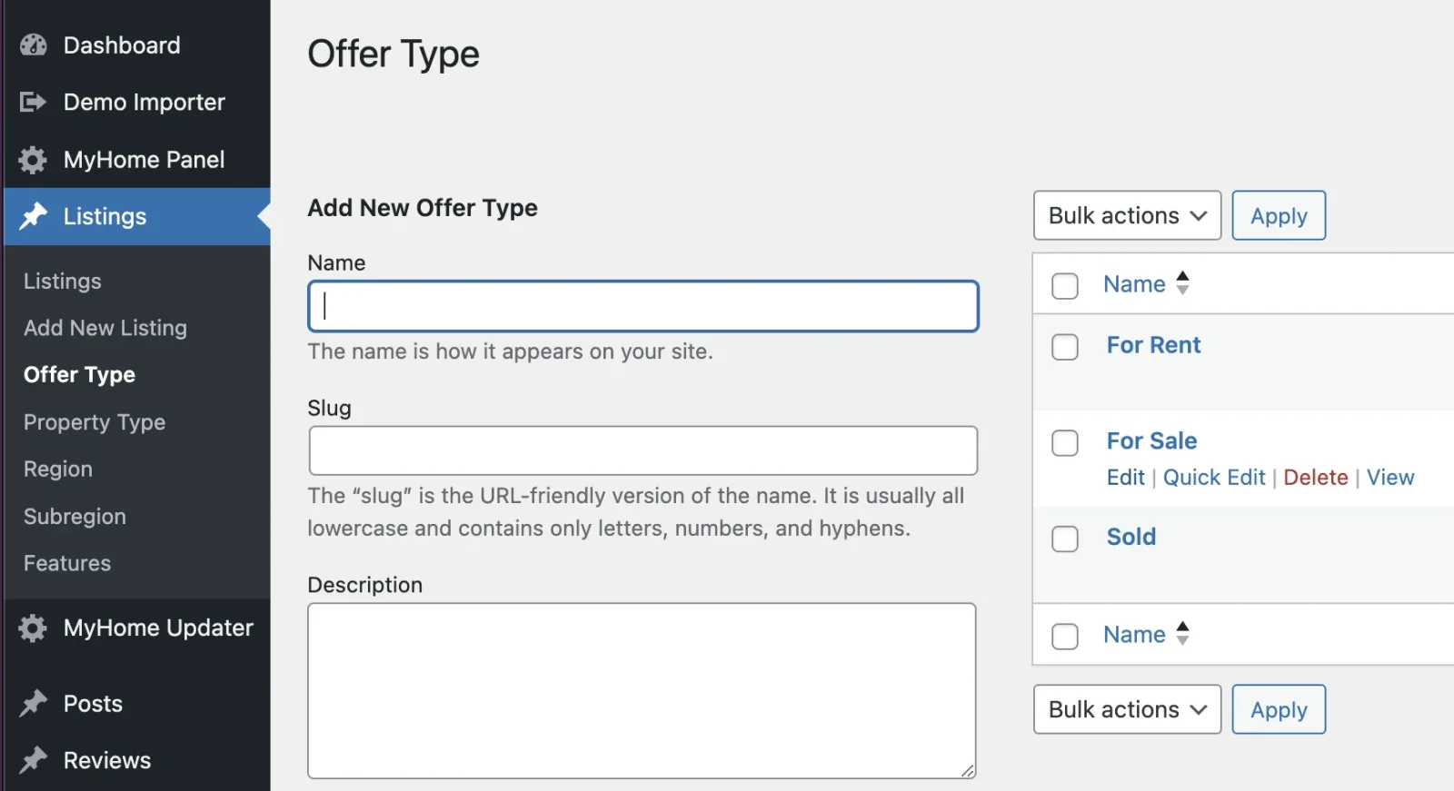 The Offer Type taxonomy screen in WordPress: an "Add New Offer Type" form with Name, Slug and Description on the left, and the existing terms For Rent, For Sale and Sold listed on the right.