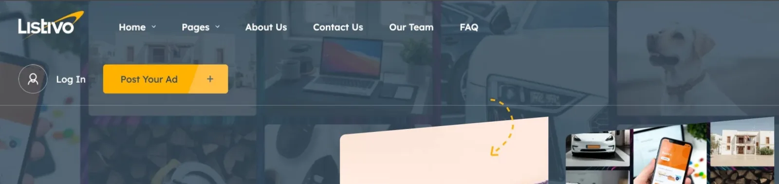 Front-end header where the menu has wrapped: Home, Pages, About Us, Contact Us, Our Team and FAQ sit on the first line while the Log In link and the yellow Post Your Ad button drop to a second line.
