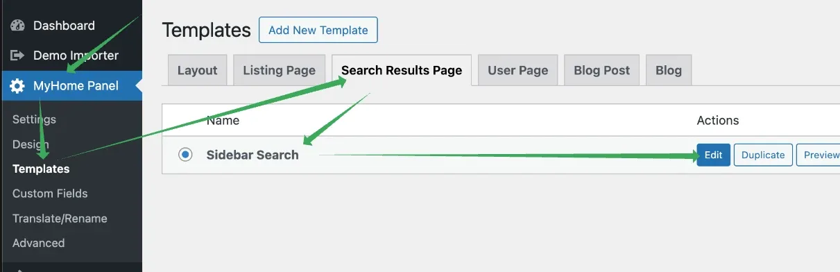 The Templates screen in MyHome Panel with the Search Results Page tab open and arrows pointing to the Edit button beside the active "Sidebar Search" template.