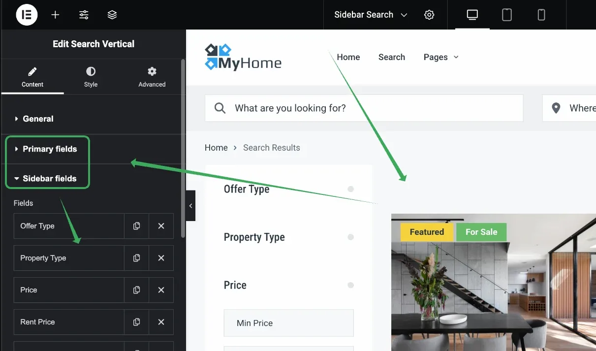 Elementor editing the Search Vertical widget: the Primary fields and Sidebar fields sections are open in the left panel, listing Offer Type, Property Type, Price and Rent Price, with the MyHome search results page previewed on the right.