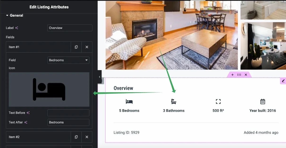 Elementor editing the Listing Attributes widget: Item #1 is set to the Bedrooms field with a bed icon, and the preview on the right shows the Overview row reading 5 Bedrooms, 3 Bathrooms, 500 ft2 and Year built: 2016.