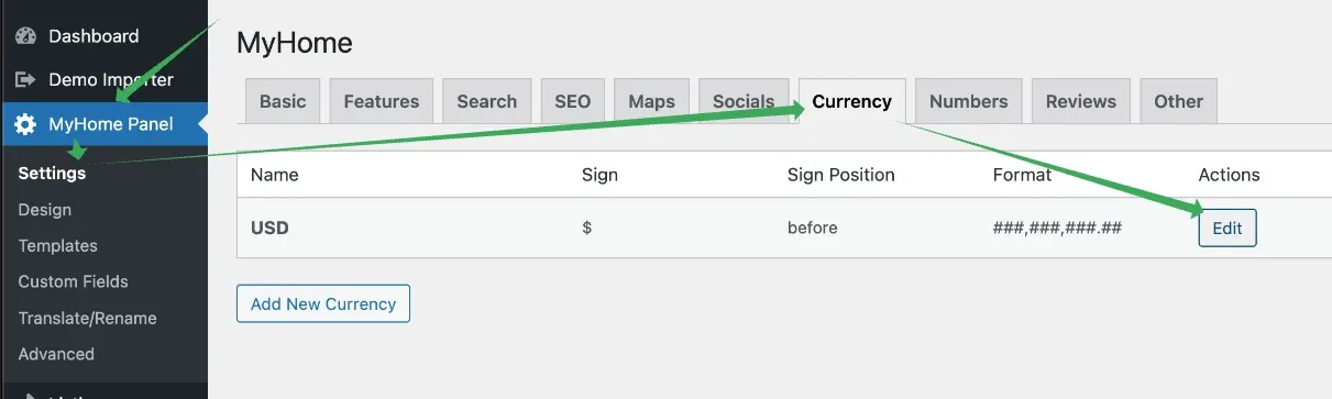 The Currency tab under MyHome Panel > Settings, showing a single currency row with Name USD, Sign $, Sign Position "before" and a number format, an Edit button on the right, and an Add New Currency button below.
