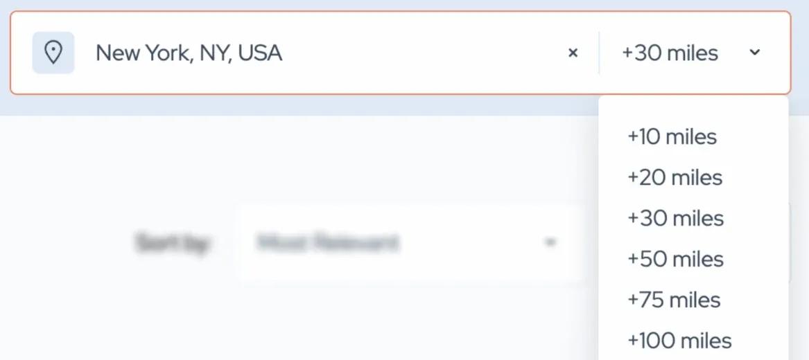 The same search field with "New York, NY, USA" entered and the radius selector open, listing +10 miles, +20 miles, +30 miles, +50 miles, +75 miles and +100 miles.