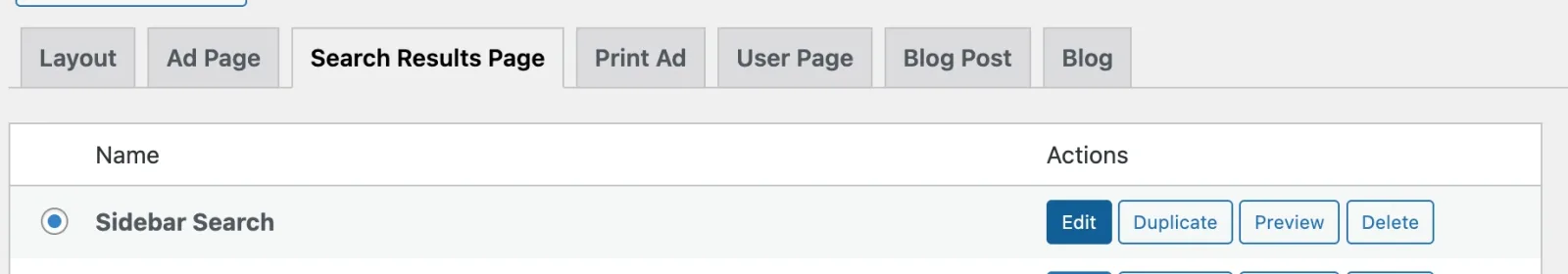 Templates screen with tabs for Layout, Ad Page, Search Results Page, Print Ad, User Page, Blog Post and Blog; the Search Results Page tab is open and lists one template, "Sidebar Search", with Edit, Duplicate, Preview and Delete buttons.