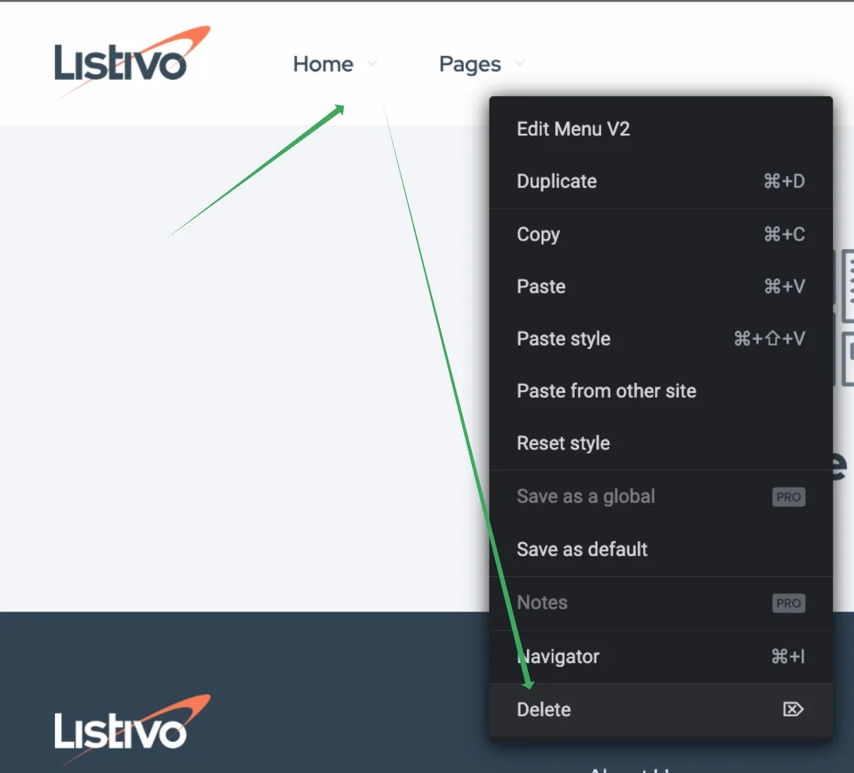 Elementor right-click context menu over the header widget, listing Edit Menu V2, Duplicate, Copy, Paste, Reset style, Navigator and Delete, with Delete highlighted at the bottom.