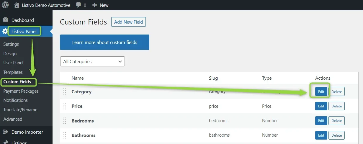 Custom fields list with the Edit button on the Category row highlighted
