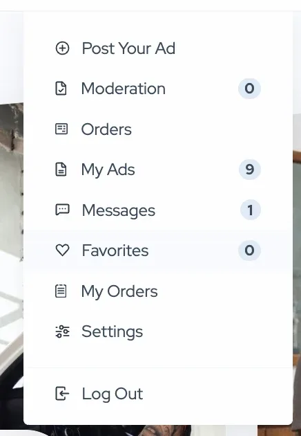 The logged-in user dropdown listing Post Your Ad, Moderation, Orders, My Ads, Messages, Favorites, My Orders, Settings and Log Out, with counters beside several items.