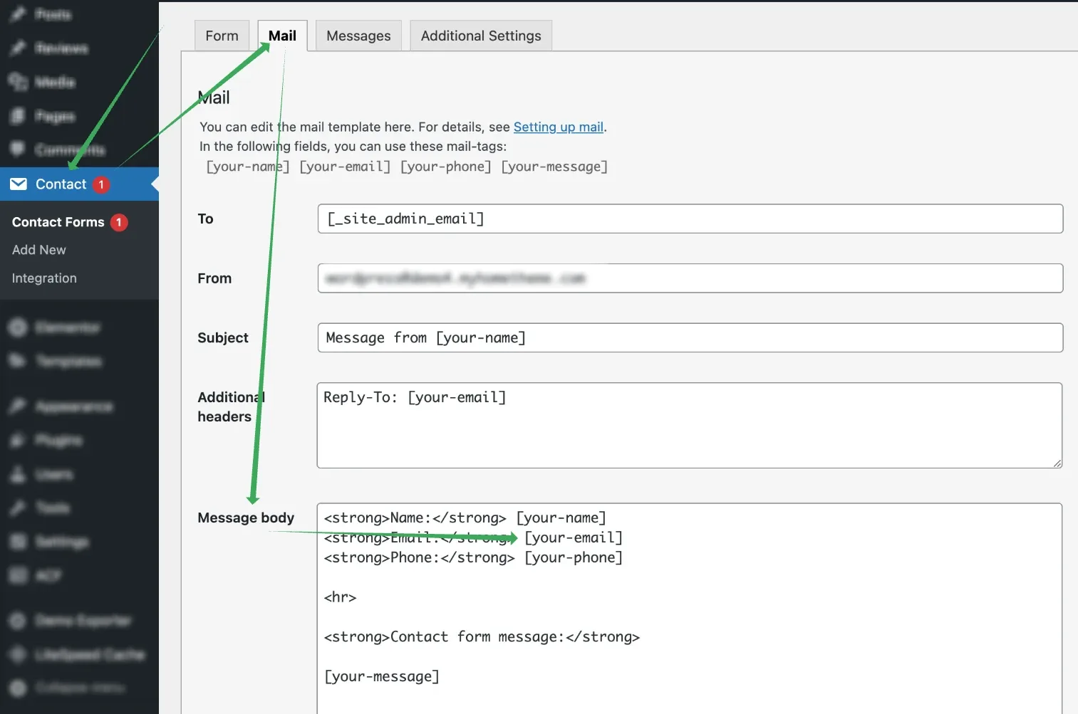 Contact Form 7 form editor open on the Mail tab, with green arrows pointing at the Mail tab and at the Message body field that holds the email template