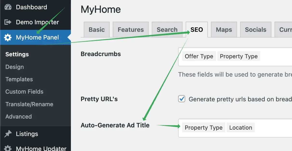 MyHome Panel, SEO tab: the Auto-Generate Ad Title setting holding the fields Property Type and Location, with arrows pointing from the MyHome Panel menu item to the SEO tab and down to that setting.