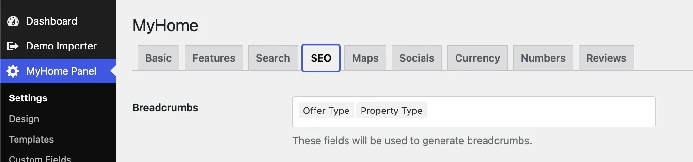 The MyHome Panel open on the SEO tab, with the Breadcrumbs setting holding two fields, Offer Type and Property Type, above the note that these fields will be used to generate breadcrumbs.
