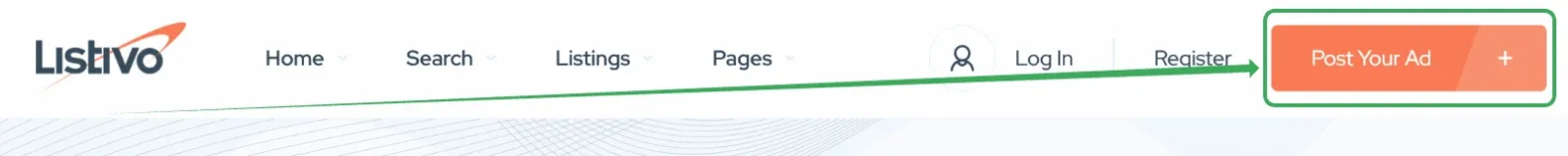 Front-end menu bar with Home, Search, Listings and Pages links, a Log In link and Register link, and an orange "Post Your Ad" button on the right highlighted with a green outline.