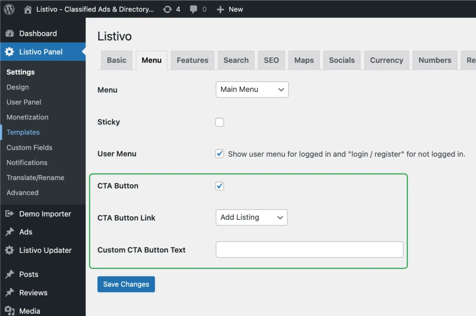 Listivo Panel Settings on the Menu tab, with the CTA Button checkbox, the CTA Button Link dropdown set to Add Listing, and the empty Custom CTA Button Text field grouped inside a green outline.