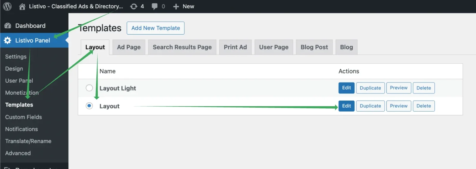 Listivo Panel Templates screen on the Layout tab, with green arrows pointing at Templates in the sidebar and at the Edit button on the row named Layout.