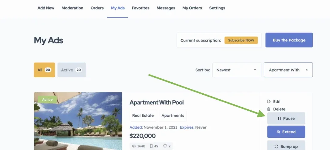 Pause action for a listing in the Listivo My Ads panel