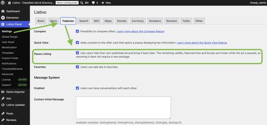 Listivo Features settings with the Pause Listing option enabled